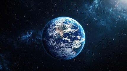 Fototapeta premium Planet earth seen from space, with swirling clouds and continents visible, set against a backdrop of stars and a distant galaxy