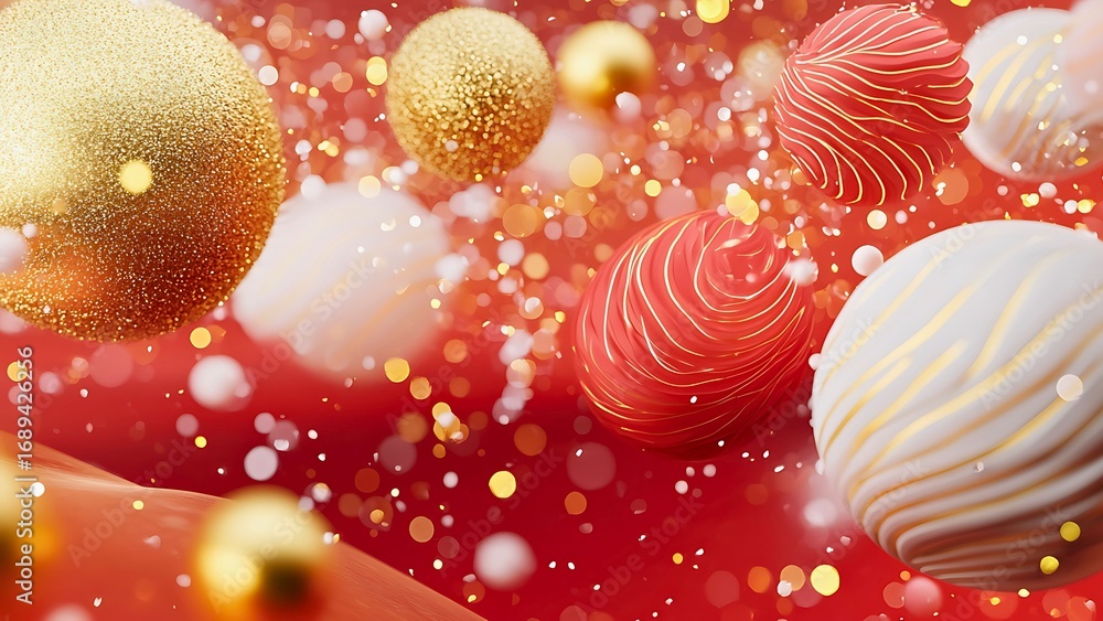 Poster festive floating spheres in a vibrant red background with shimmering particles, creating a celebrato