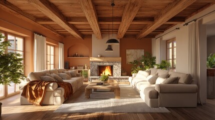 Cozy living room with wooden beamed ceiling and warm, inviting natural light
