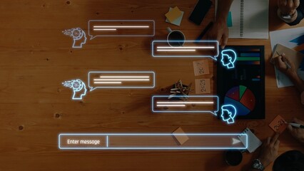 A creative digital workspace scene showcasing hands interacting with communication elements and charts, symbolizing collaboration and modern business strategies. Raster