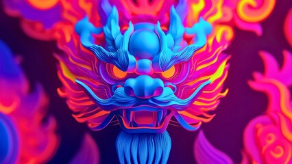 Fototapeta premium Vibrant and colorful neon dragon head, symbolizing power and good fortune. With intricate details and an expressive gaze.