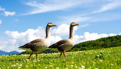 Obraz premium Two geese on a grassy hill under a blue sky