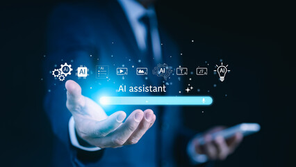 A businessman’s hand presents a futuristic AI assistant search bar with digital icons, symbolizing artificial intelligence, modern technology, productivity, and innovative business solutions.