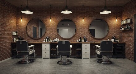 Barber shop with brick walls three chairs mirrors  pendant lights
