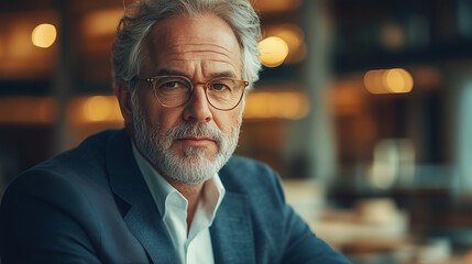 A thoughtful senior man with gray hair and a neat beard wears glasses, looking directly at the camera indoors.