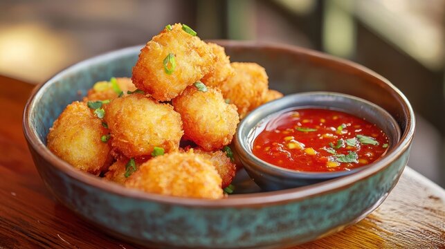Crispy, golden-brown bite-sized food items, piled high in a bowl, served with a side of spicy sauce