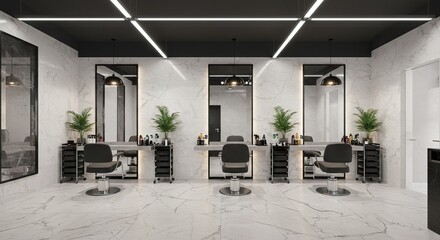 Modern hair salon with three styling stations marble walls and black accents