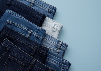 Stack of folded blue denim jeans and underwear on light blue background