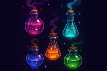 Colorful magical potion bottles illustration.