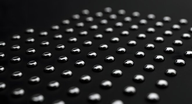 A grid of shiny silver droplets evenly spaced on a flat black surface in a monochrome photograph