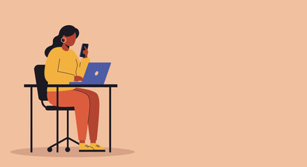 Illustration of a woman focused on her laptop and smartphone at a desk, representing remote work, online communication, and modern productivity.