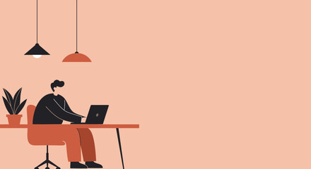 Focused person working remotely on a laptop at a modern minimalist desk with a plant and lamps. Ideal for business, freelance, online learning, and productivity concepts.