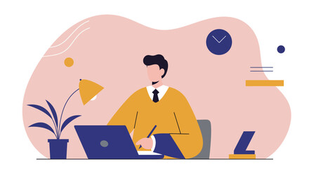 Man working diligently at his desk with a laptop and pen, ideal for concepts of remote work, online learning, productivity, and modern business.