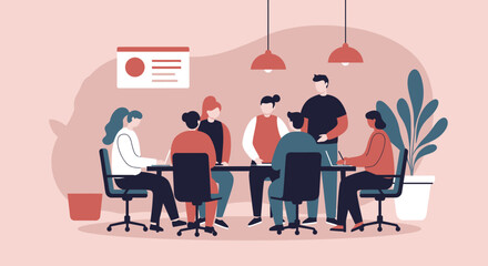 Diverse business team collaborating in a modern office meeting, discussing strategies and ideas. Represents teamwork, innovation, and professional partnership.