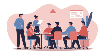 Professional team collaborating in an office meeting, discussing ideas and strategies. Illustrating teamwork, communication, and corporate development.