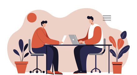 Two men collaborate on laptops at a shared desk in a modern, minimalist workspace. Ideal for business, teamwork, and digital productivity concepts.