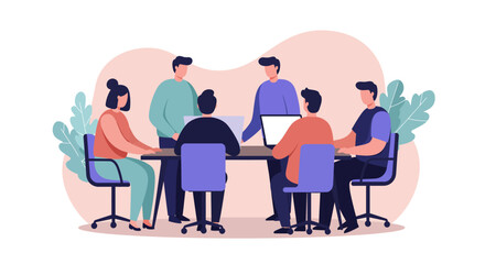 Business team collaborating in an office meeting. Professionals discussing ideas around a table with laptops, emphasizing teamwork and modern workplace productivity.