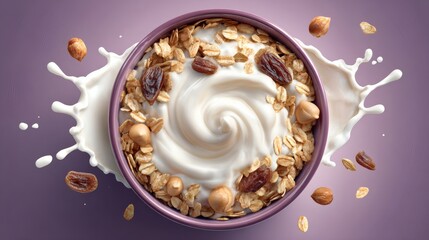 Granola Bowl with Milk Splash Swirl and Nuts, Top View on Purple Gradient Background, Dynamic Healthy Breakfast Flat Lay