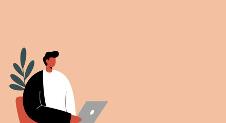 Stylish illustration of a man working on a laptop in a cozy, modern setting. Ideal for themes of remote work, online learning, creativity, and digital business.