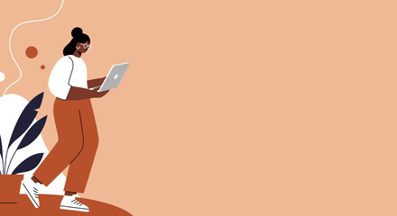 Modern woman focused on her laptop, embodying remote work and digital lifestyle. Ideal for business, online learning, and productivity concepts.