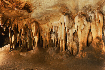 Eroded stalactite formations in an underground cave with warm tones