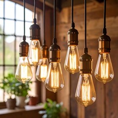 Warm Edison-style bulbs hanging from the ceiling