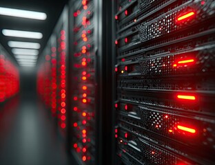 Server Room Data Center with Glowing Red Lights