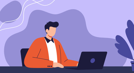 Professional man in a modern flat illustration style, diligently working on his laptop at a desk. Ideal for business, remote work, online education, or digital lifestyle themes.
