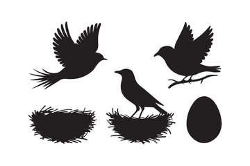 Silhouette collection of birds nests and an egg