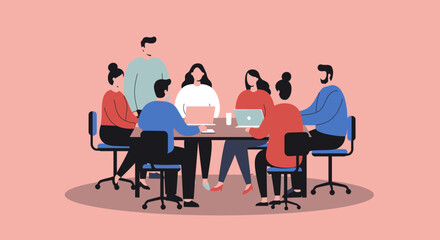 Diverse business team collaborating in a modern office meeting, discussing projects and strategy with laptops. Represents teamwork and corporate communication.