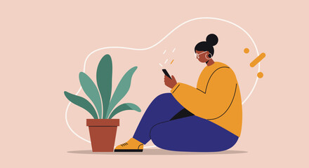 Stylized illustration of a woman relaxing indoors, using her smartphone near a houseplant, depicting digital lifestyle, communication, or casual online activity.