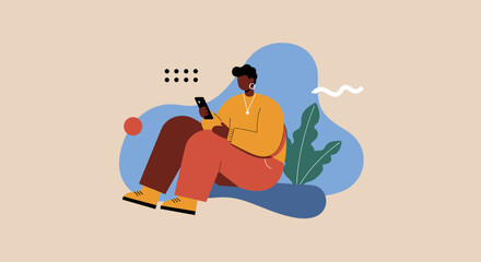 Modern illustration of a person relaxing and using a smartphone, connecting online. Ideal for digital communication, social media, and technology concepts.