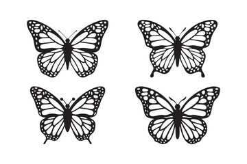Four detailed black and white butterfly illustrations