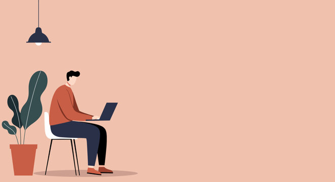 Focused man working on a laptop in a modern, calm environment. Perfect for themes of remote work, online education, or digital lifestyle and productivity.