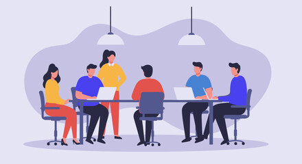 Business team collaborating in an office meeting with laptops, discussing strategies and ideas. Perfect for corporate and startup themes.