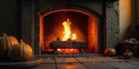 Cozy fireplace scene with glowing embers, rustic stone surround, and warm, inviting light Perfect for autumn or winter themes, home decor, and relaxation imagery , tranquil, fireplace scene