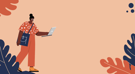 Illustration of a person walking while working on a laptop, symbolizing remote work, productivity, and modern digital lifestyle. Ideal for business, education, or freelance themes.