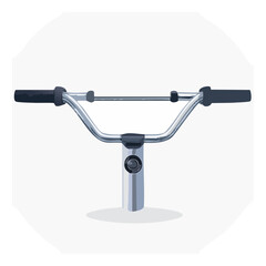Close-up view of a chrome bike handle with black grips on white, bicycle handlebar equipment, biking and riding scene, steering mechanism graphic