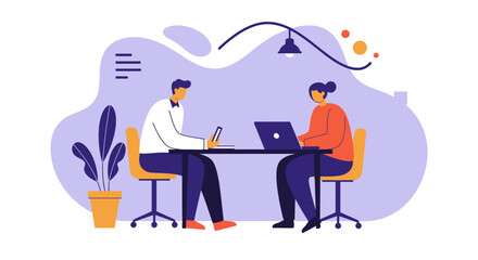 Professional colleagues collaborating at a desk, utilizing a laptop and tablet in a modern office or coworking space. Business concept.