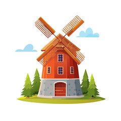 Cartoon windmill farm landscape building with pine trees and clouds set against a clear backdrop vector illustration