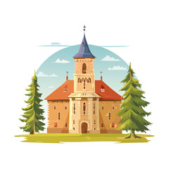 Obraz premium Medieval castle illustration with tower and pine trees on a sunny day vector design landmark antique fortress architecture