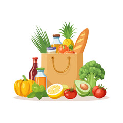 Groceries in a Shopping Bag Illustration Fresh food vegetables fruits and bread from a supermarket shop
