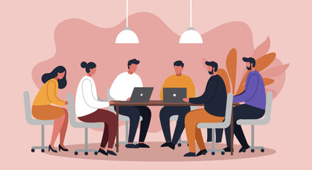 Diverse team collaborating in a modern office meeting, discussing projects with laptops. Represents teamwork, strategy, and business productivity.