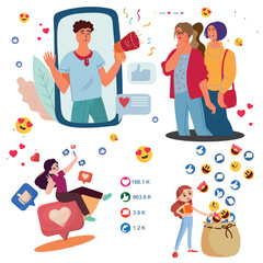 Illustration of people engaging with social media through likes, emojis, selfies, online communication, and digital interaction, representing modern self-expression and community engagement(SHOTLISTUG