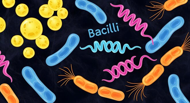 Illustration of different types of bacteria including bacilli cocci and spirilla on a black background