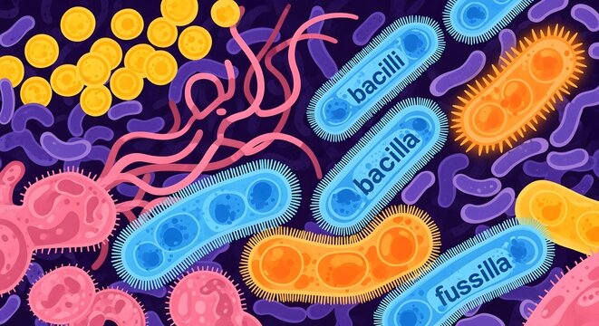 Illustration showing various types of bacteria including bacilli and fusilla in different colors