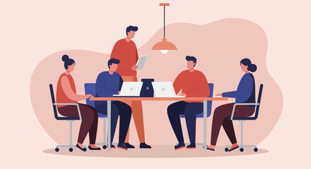 Diverse business team collaborating in a modern office, working on laptops and discussing strategy. Ideal for corporate, project management, or teamwork concepts.