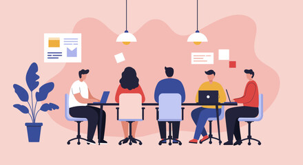 Diverse team collaborating in a modern office meeting room, working on laptops and discussing projects. Represents business strategy, teamwork, and communication.