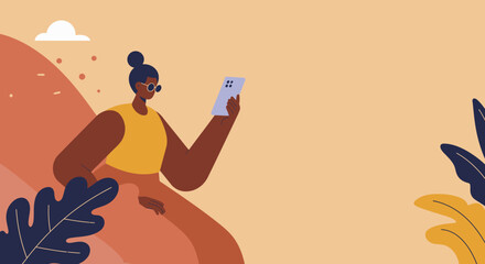 Stylish person using smartphone outdoors, engaging with digital content in a vibrant, natural setting. Perfect for themes of connectivity, modern lifestyle, and technology.