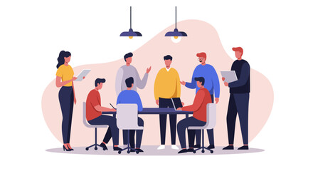 Diverse business team collaborating and brainstorming in a modern office meeting, discussing ideas for growth and success.